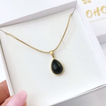 Naszyjnik  zawieszka czarna łezka POZŁACANA STAL 