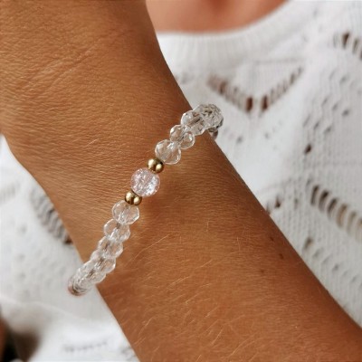 Bransoletka STAL CHIRURGICZNA elastyczna kryształki kulki złota  