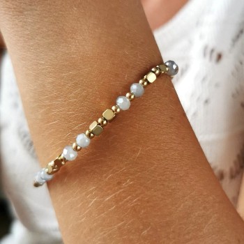 Bransoletka STAL CHIRURGICZNA elastyczna błękitne kryształki kostki złota 