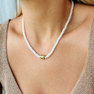 Naszyjnik  serduszko białe kamienie POZŁACANA STAL  