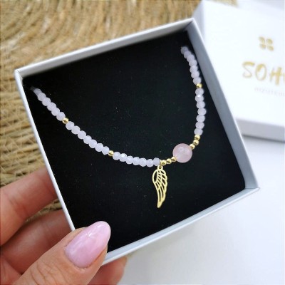 Naszyjnik skrzydło różowe kamienie złote kulki POZŁACANA STAL  