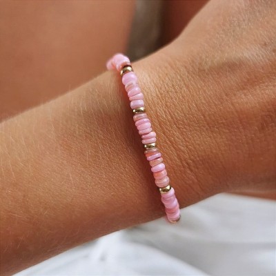 Bransoletka STAL CHIRURGICZNA różowe koraliki złota  