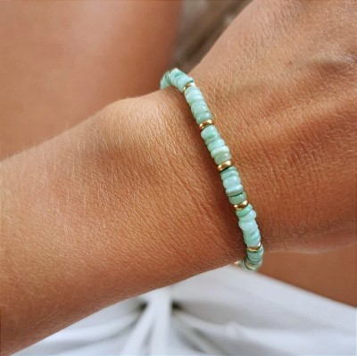 Bransoletka STAL CHIRURGICZNA zielone koraliki złota   