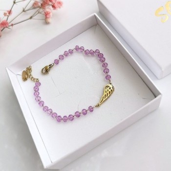 Bransoletka złote skrzydło fioletowe kryształki POZŁACANA STAL 