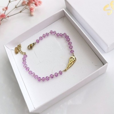 Bransoletka złote skrzydło fioletowe kryształki POZŁACANA STAL 