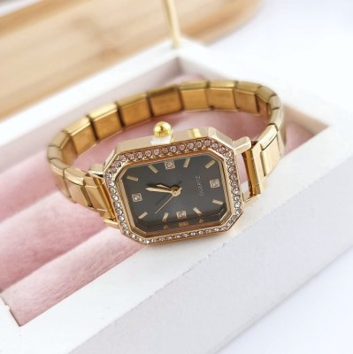 Zegarek damski ZŁOTY na bransolecie modułowej czarna tarcza kryształy