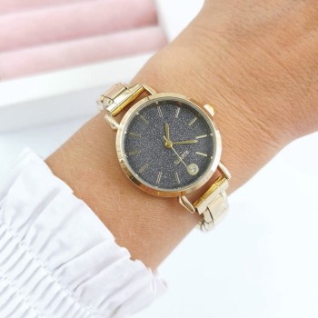 Zegarek damski ZŁOTY na bransolecie modułowej czarna tarcza  