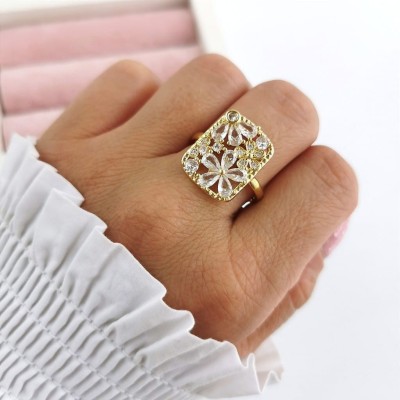  Pierścionek kwiatuszki kryształy POZŁACANY regulowany