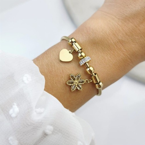 Bransoletka ze STALI CHIRURGICZNEJ modułowa serce kwiatuszek kostki kryształy kolor złoty