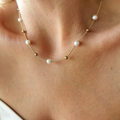 Złoty naszyjnik ze STALI CHIRURGICZNEJ perły kulki złote