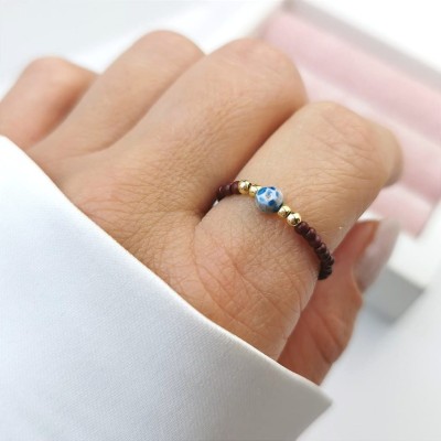 Pierścionek elastyczny z agatem STAL CHIRURGICZNA  brązowy