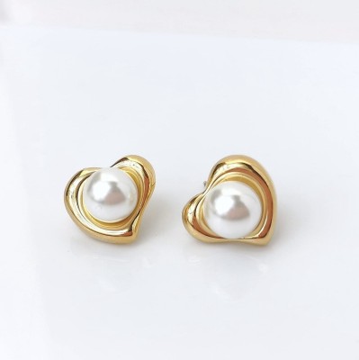 Kolczyki ze STALI CHIRURGICZNEJ klasyczne serca perła kolor złoty  