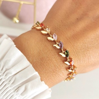 Bransoletka POZŁACANA listki kolorowe kryształki rose gold  