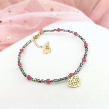 Bransoletka STAL CHIRURGICZNA serduszko różowe koraliki Blueberry  