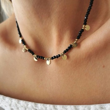 Naszyjnik STAL CHIRURGICZNA KRYSZTAŁY BOHO CZARNE Blaszki kolor złoty  