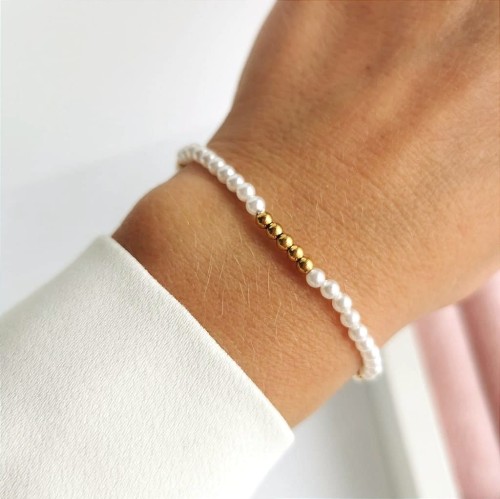 Bransoletka STAL CHIRURGICZNA elastyczna perły złote koraliki