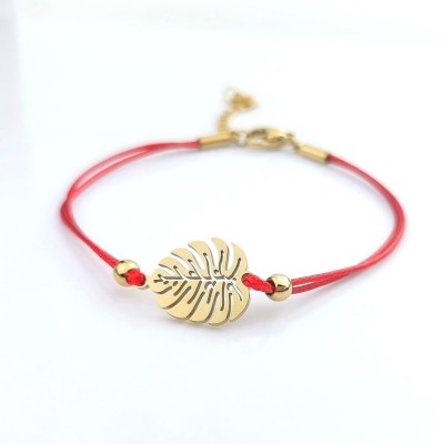  Bransoletka ze STALI CHIRURGICZNEJ monstera liść sznurek czerwony 