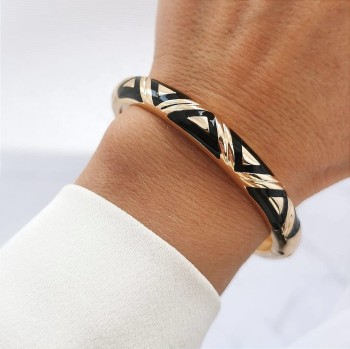 Bransoletka obręcz  czarna emalia ze STALI SZLACHETNEJ złota  