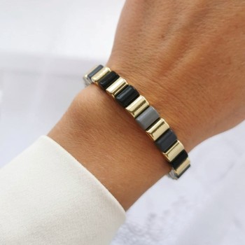 Bransoletka POZŁACANA ze STALI SZLACHETNEJ z czarnymi szarymi złotymi elementami   