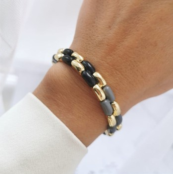 Bransoletka POZŁACANA ze STALI SZLACHETNEJ z czarnymi szarymi złotymi elementami  