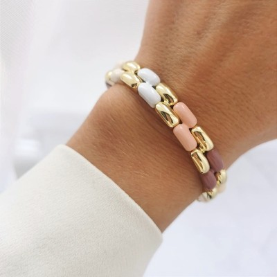 Bransoletka POZŁACANA ze STALI SZLACHETNEJ z białymi pudrowymi złotymi elementami  