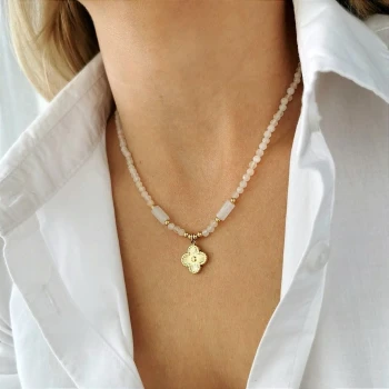  Naszyjnik koniczynka kryształ górski ze STALI CHIRURGICZNEJ złoty