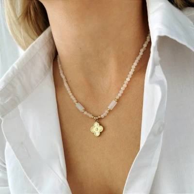  Naszyjnik koniczynka kryształ górski ze STALI CHIRURGICZNEJ złoty