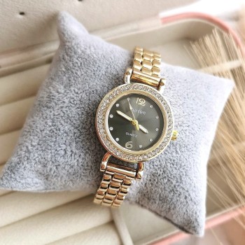 Zegarek damski ekskluzywny ZŁOTY  na bransolecie czarna tarcza kryształki  