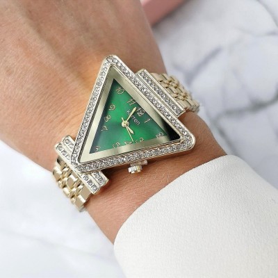 Zegarek damski ekskluzywny ZŁOTY  na bransolecie zielona tarcza  cyrkonie 