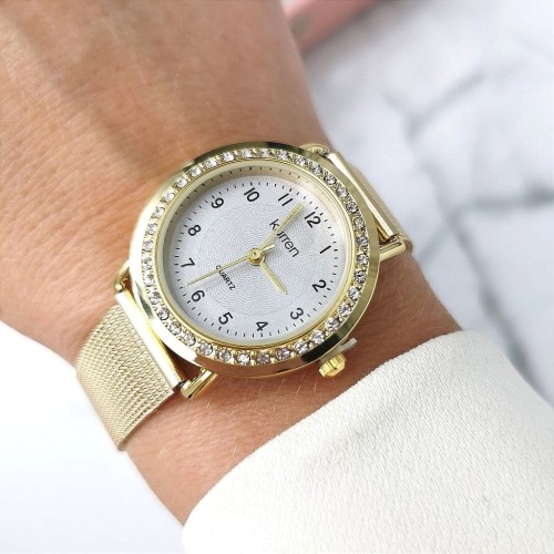 Zegarek damski ekskluzywny ZŁOTY na pasku mesh szara metaliczna tarcza kryształy