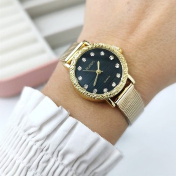 Zegarek damski ekskluzywny ZŁOTY na pasku mesh czarna tarcza