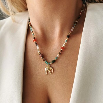 Naszyjnik z kamieni tygrysie oko kwarc różowy ze słoniem STAL SZLACHETNA  