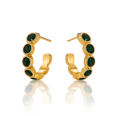 Złote kolczyki koła zielone kryształowe POZLACANA STAL 