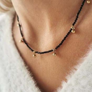 Naszyjnik czarne koraliki kuleczki kolor złoty ze STALI CHIRURGICZNEJ