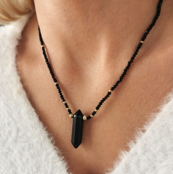 Naszyjnik onyks czarne koraliki kolor złoty ze STALI CHIRURGICZNEJ 