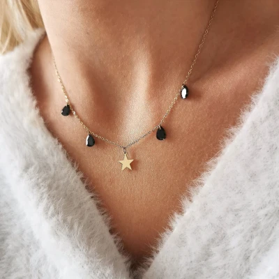 Naszyjnik gwiazdka czarne kryształy ze STALI CHIRURGICZNEJ  
