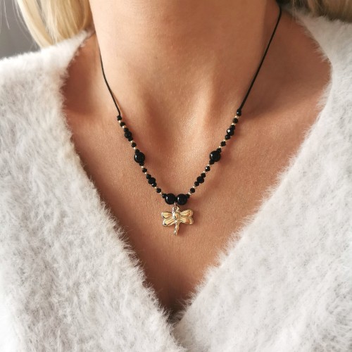 Naszyjnik złota ważka czarne koraliki ze STALI CHIRURGICZNEJ