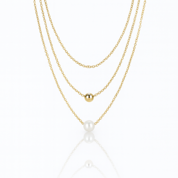 Naszyjnik potrójny perła kulka ze STALI SZLACHETNEJ złoty