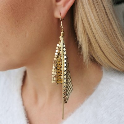 Kolczyki WIECZOROWE siateczka monetki wiszące złote 