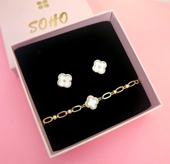 Zestaw biżuterii White Shiny Clover POZŁACANA STAL 