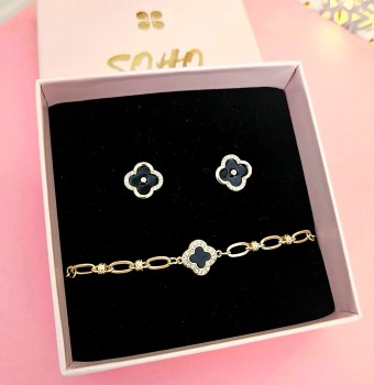 Zestaw biżuterii Dark Shiny Clover POZŁACANA STAL 