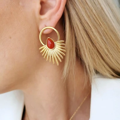Kolczyki złote promienie czerwona łezka POZŁACANA STAL 