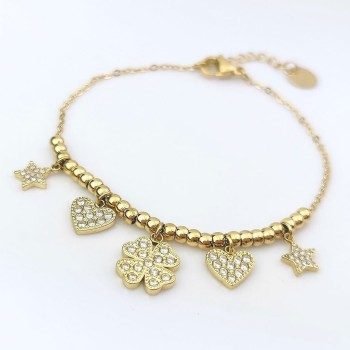 Bransoletka ze STALI CHIRURGICZNEJ zawieszki koniczyna serce gwiazdka kryształy kolor złoty