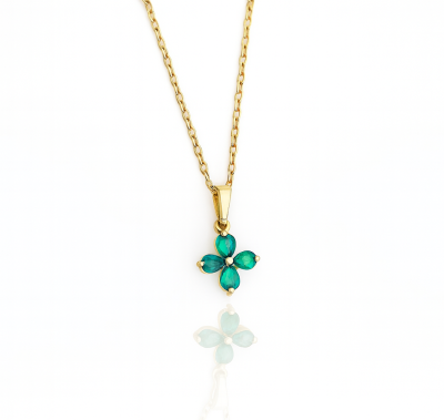 Złoty naszyjnik ze  STALI CHIRURGICZNEJ kwiatuszek zielone kryształy  