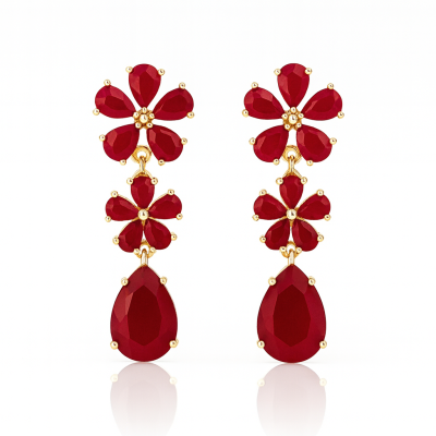 Kolczyki wiszące  bordowe kryształowe kwiaty POZŁACANA STAL   