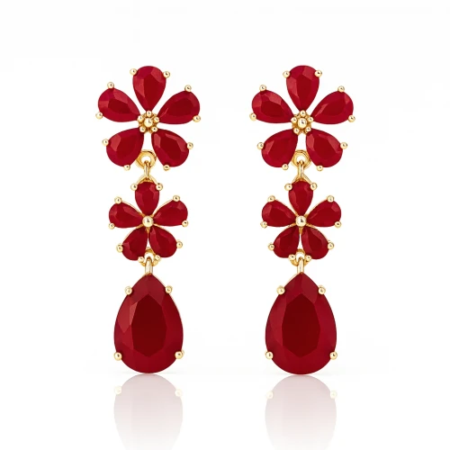 Kolczyki wiszące  bordowe kryształowe kwiaty POZŁACANA STAL