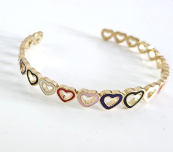 Bransoletka złota obręcz POZŁACANA STAL emaliowane serduszka