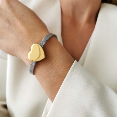 Bransoletka mesh srebrna złote serce POZŁACANA STAL