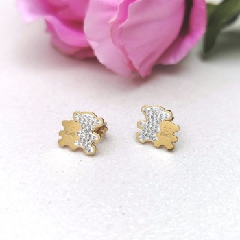 BLUEBERRY Kolczyki STAL CHIRURGICZNA Misie białe cyrkonie podwójne kolor zloty