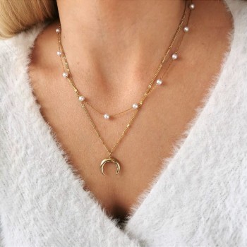 Naszyjnik księżyc perły POZŁACANA STAL podwójny  